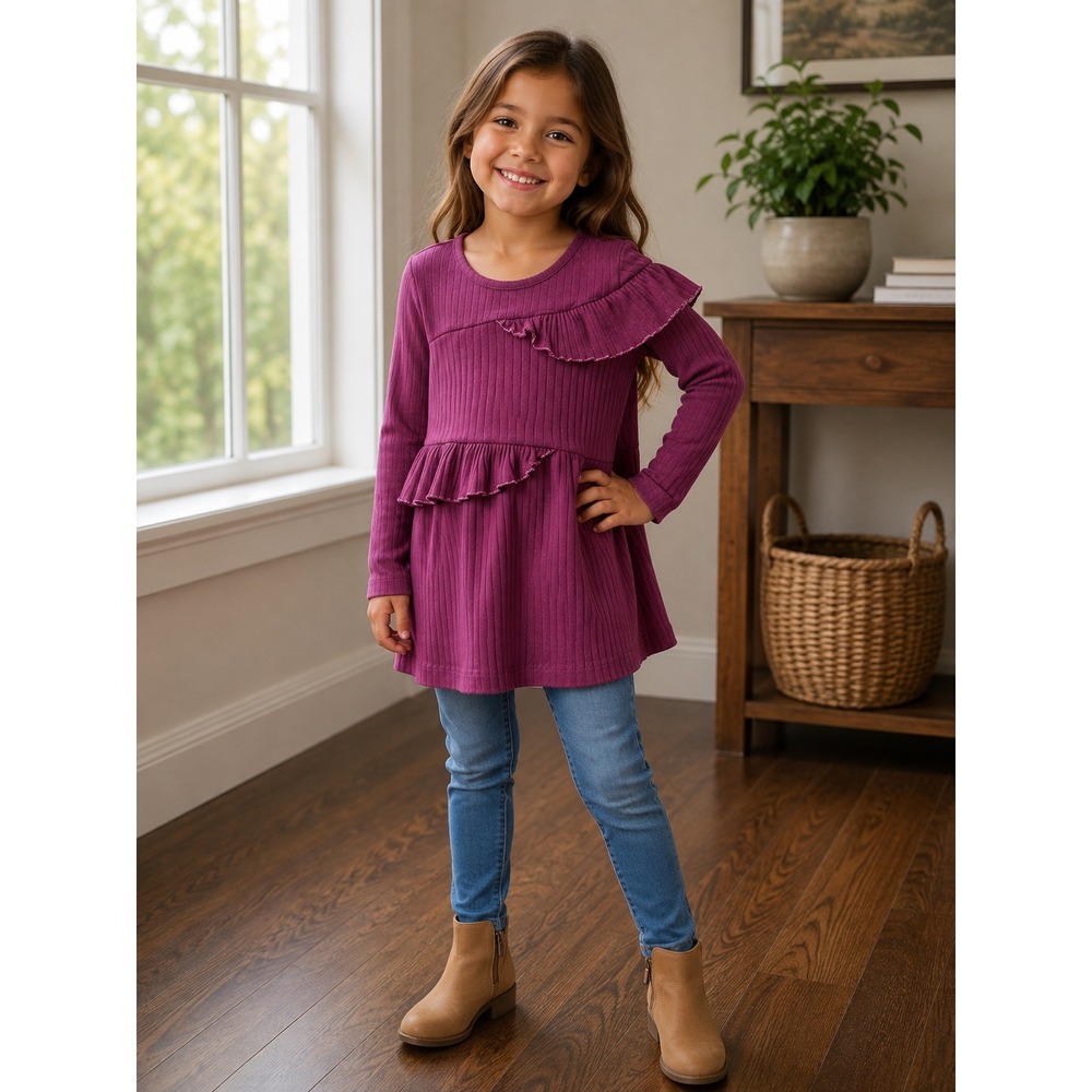 Kate Quinn Girls Plum Purple Ribbed Ruffle Tunic Top Organic Cotton 5Y